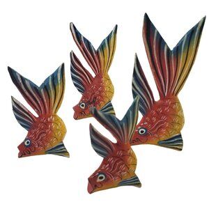 VTG Handcarved Hand Painted Colorful Wood Fish Figurines Yellow Set of 4
